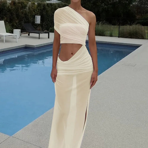 Load image into Gallery viewer, Mesh Hollow Out Backless Sexy Maxi Dress For Women Fashion One Sleeveless See Through Ruched Bodycon Club Long Dress
