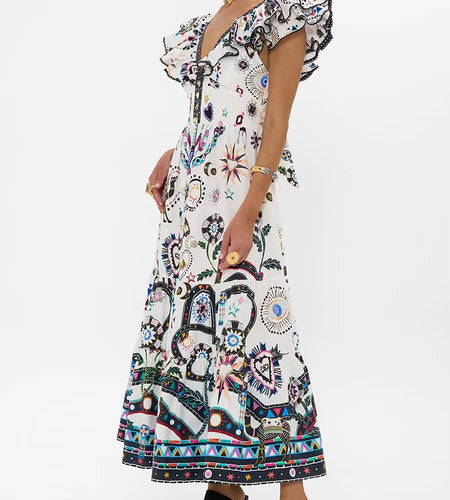 Loose Printing Spliced Ruffles Folds Casual Dresses for Women V Neck Sleeveless High Waist Long Dress Female New