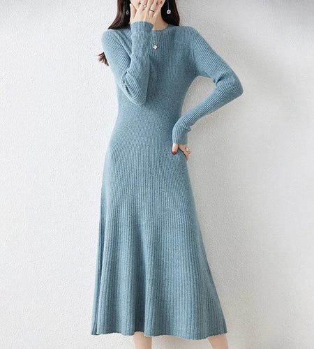 Winter/ Autumn Oneck Female Dresses 100% Wool Knitted Dress For Women 2024 New Arrival  Long Style 6Colors Jumpers