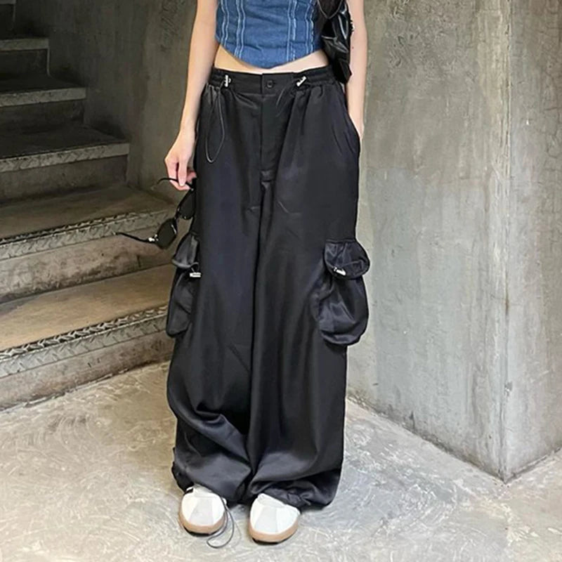 Casual Black Oversized Shirring Cargo Pants Female Big Pockets Low Rise Harajuku Basic Wide Leg Trousers Tech Outfits