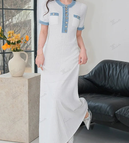 Korean Summer Black White Patchwork Elegant Office Lady Knitted Long Dress Women's Slim Short Sleeve Single Breasted Dress Trend