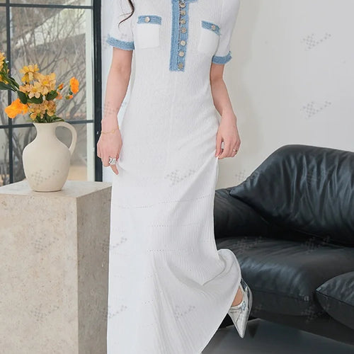 Load image into Gallery viewer, Korean Summer Black White Patchwork Elegant Office Lady Knitted Long Dress Women's Slim Short Sleeve Single Breasted Dress Trend
