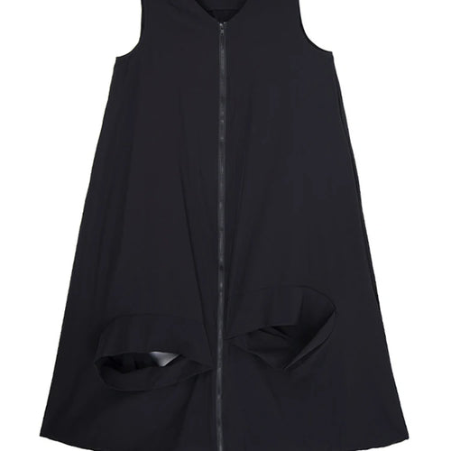 Load image into Gallery viewer, Women Black Zipper Hollow Out Big Size A-line Vest Dress New V-Neck Sleeveless Fashion Tide Spring Summer 2025 1DJ1410
