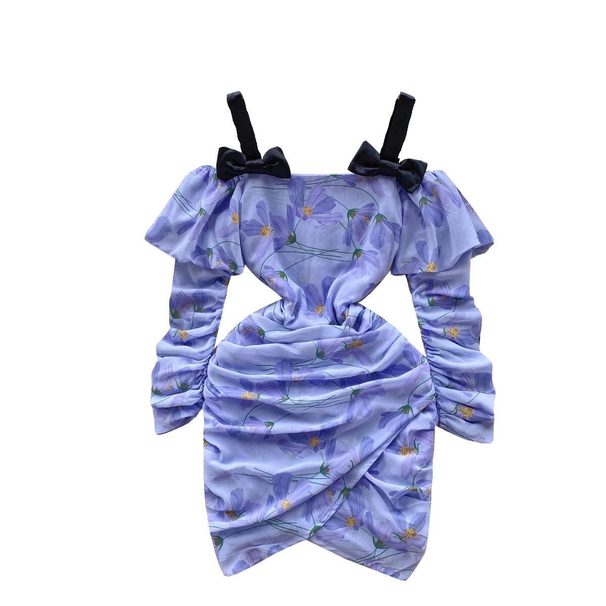 French Sexy Club Off Shoulder Bow Slip Mini Dresses For Women Purple Floral  Patchwork Asymmetry Pleated Dress Korea 2023 Autumn