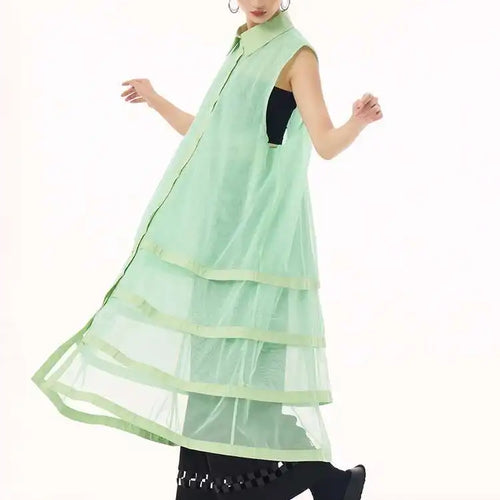 Load image into Gallery viewer, Women Black Layers Mesh Big Size Midi Vest Shirt Dress New Lapel Sleeveless Fashion Tide Spring Summer 2025 1DH9472
