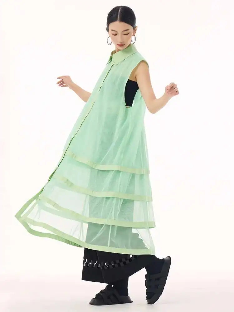 Women Black Layers Mesh Big Size Midi Vest Shirt Dress New Lapel Sleeveless Fashion Tide Spring Summer 2025 1DH9472