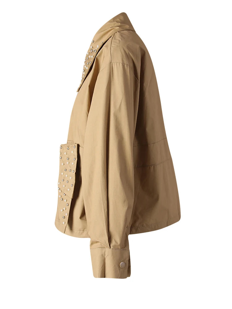 Women Pink Color Pearl Rhinestones Big Size Blouse New Lapel Long Sleeve Shirt Fashion Tide Spring Autumn 2025 CPG3257