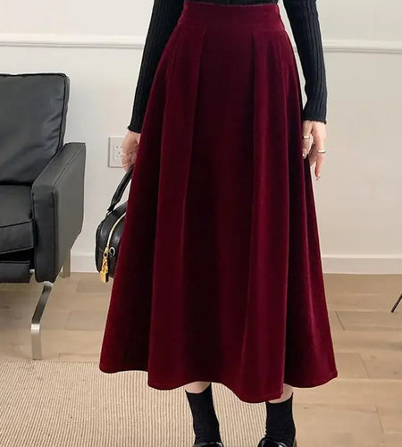 Autumn Winter Warm Vintage Red Elegant Velvet A-line Skirt For Women 2024 High Waist Casual Black Party Pleated Big Swing Skirts