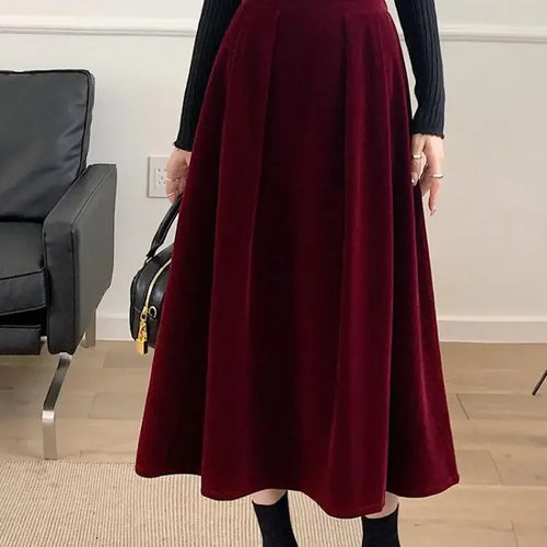 Load image into Gallery viewer, Autumn Winter Warm Vintage Red Elegant Velvet A-line Skirt For Women 2024 High Waist Casual Black Party Pleated Big Swing Skirts
