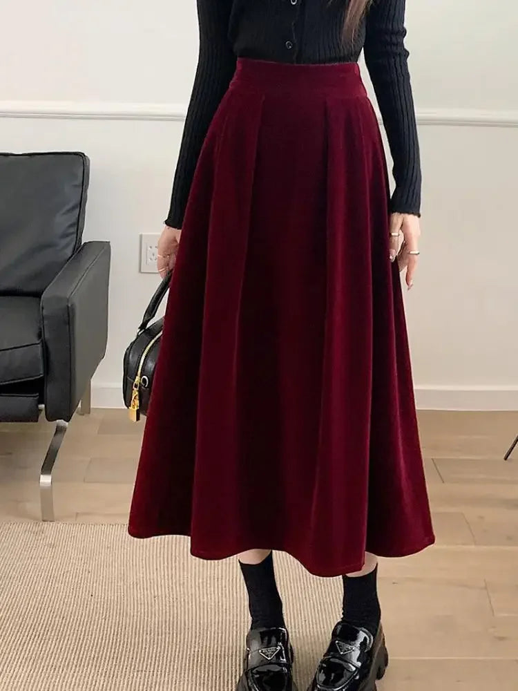 Autumn Winter Warm Vintage Red Elegant Velvet A-line Skirt For Women 2024 High Waist Casual Black Party Pleated Big Swing Skirts