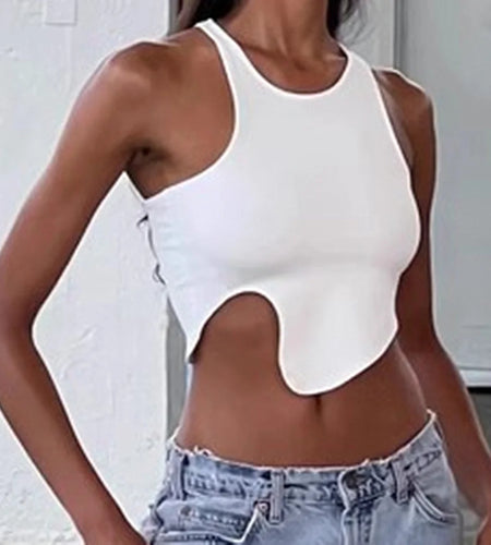 Nylon Pad Sleeveless Yoga Bra For Women Irregular Hem O Neck Exposed Navel Dance Active Fitness Sport Vest Tops