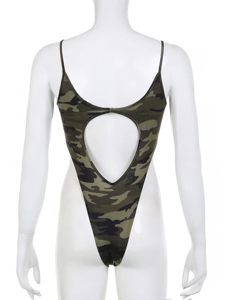 Streetwear Camouflage Skinny Summer Bodysuit Tops Spaghetti Strap Letter Backless Female Body Casual One Piece Romper