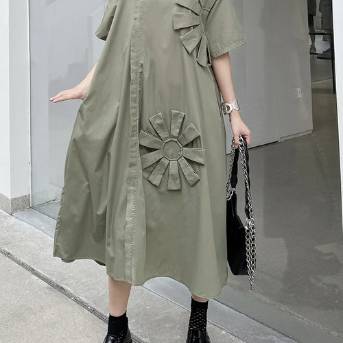 Load image into Gallery viewer, Women Green Flower Spliced Big Size Shirt Dress New Round Neck Short Sleeve Fashion Tide Spring Autumn 2025 1DH9678
