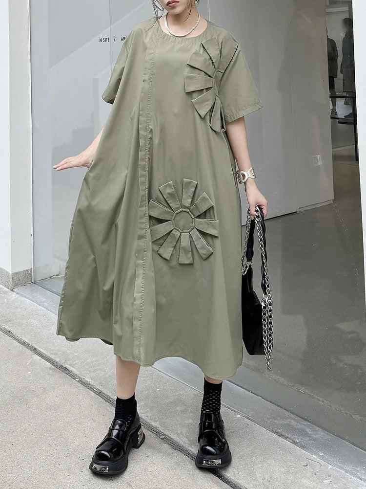 Women Green Flower Spliced Big Size Shirt Dress New Round Neck Short Sleeve Fashion Tide Spring Autumn 2025 1DH9678