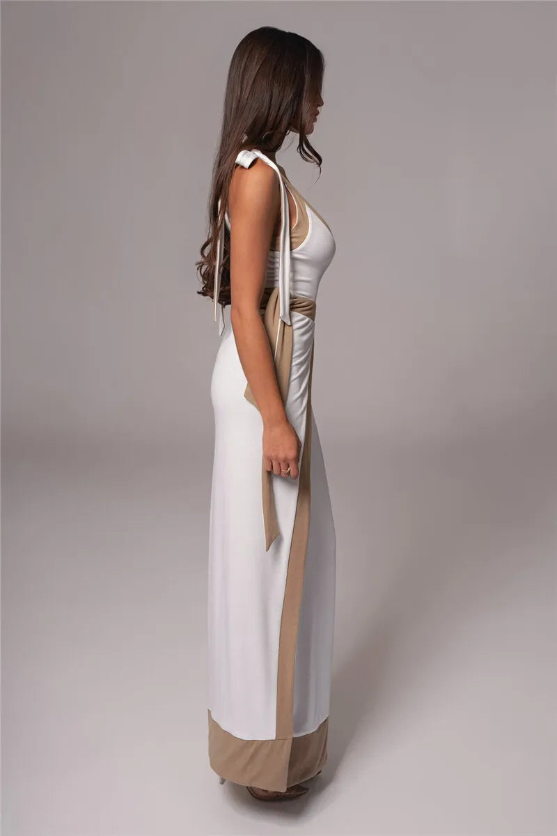 Patchwork Backless Sexy Maxi Dress  Women Fashion Spaghetti Strap V Neck Sleeveless High Split Sexy Long Dress Elegant