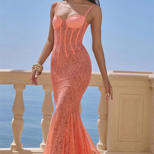 Load image into Gallery viewer, Floral Lace Sexy Maxi Dress For Women Orange Spaghetti Strap Sleeveless Backless Bodycon Club Party Long Dress Elegant
