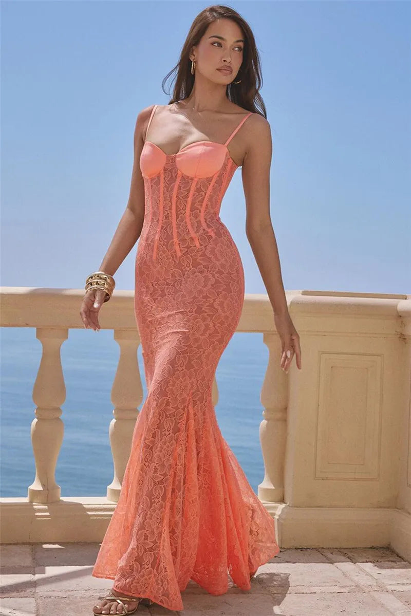 Floral Lace Sexy Maxi Dress For Women Orange Spaghetti Strap Sleeveless Backless Bodycon Club Party Long Dress Elegant