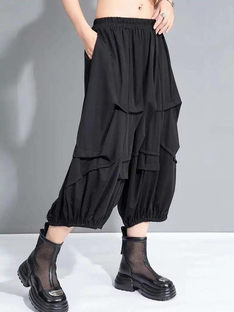 High Elastic Waist Black Pockets Wide Leg Calf-Length Pants New Trousers Women Fashion Tide Spring Autumn 2025 1DH9951