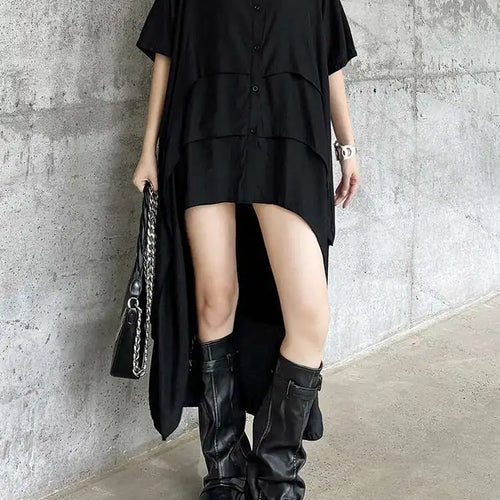 Load image into Gallery viewer, Women Black Layers Back Long Big Size Long Shirt Dress New Lapel Short Sleeve Fashion Tide Spring Summer 2025 1DH6073
