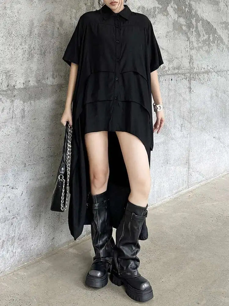 Women Black Layers Back Long Big Size Long Shirt Dress New Lapel Short Sleeve Fashion Tide Spring Summer 2025 1DH6073