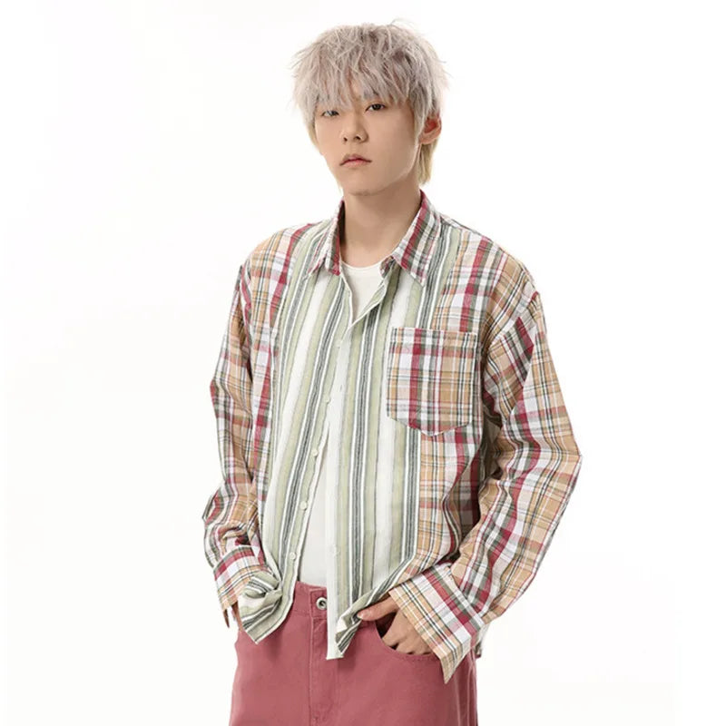 Men's Shirts New Spring Multi Color Striped Plaid Shirt Long Sleeve Turn-down Collar Male Clothing Stylish Men Top 9W1684