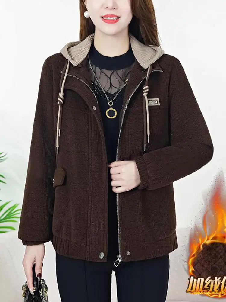 Korean Autumn Winter Black Brown Velvet Thick Zipper Short Coat For Women 2024 Popular Trend Red Loose Casual Hooded Tops Jacket