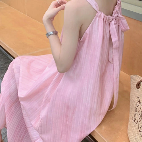 Load image into Gallery viewer, French Style Pink Bow Halter Women Dresses Sleeveless O-neck Solid Color Casual Female Dress Summer Chic Elegant Dresses
