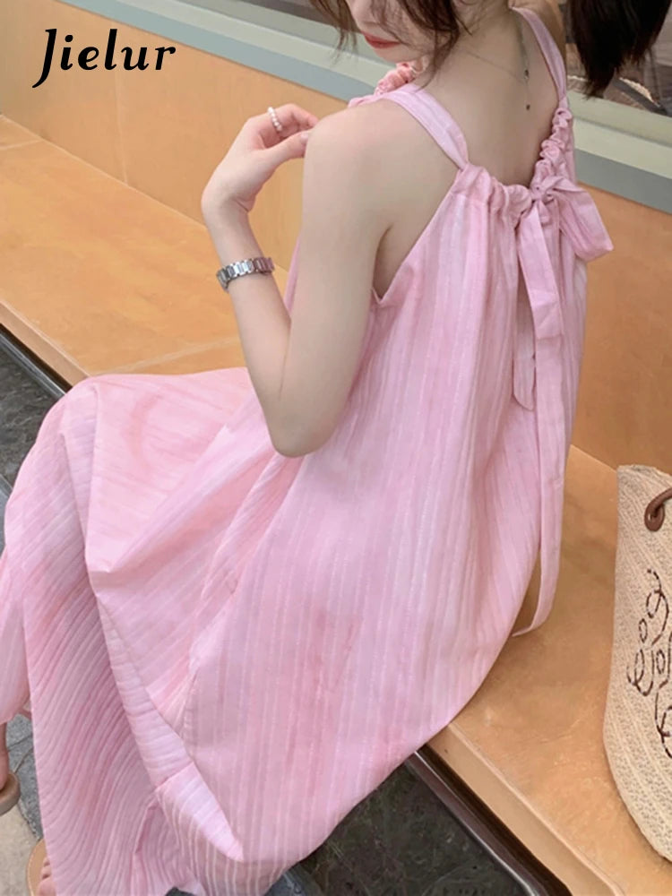 French Style Pink Bow Halter Women Dresses Sleeveless O-neck Solid Color Casual Female Dress Summer Chic Elegant Dresses