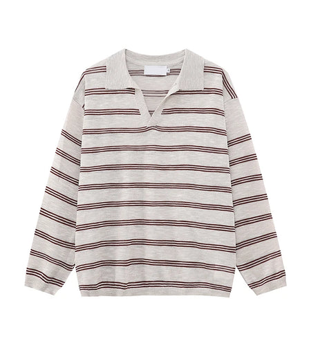 Men's Long Sleeve T-shirts New Korean Contrast Color Striped Design Loose Casual Turn-down Collar Male Handsome Top 9W1677