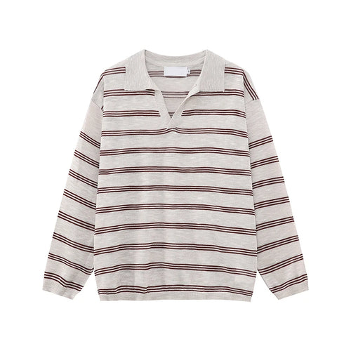 Load image into Gallery viewer, Men's Long Sleeve T-shirts New Korean Contrast Color Striped Design Loose Casual Turn-down Collar Male Handsome Top 9W1677
