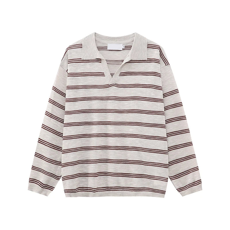 Men's Long Sleeve T-shirts New Korean Contrast Color Striped Design Loose Casual Turn-down Collar Male Handsome Top 9W1677