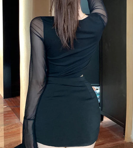 y2k Aesthetic Tops for Women Sexy Sheer See Through V Neck Long Sleeve Slit Hem Mesh T Shirt 2000s Clothing Streetwear