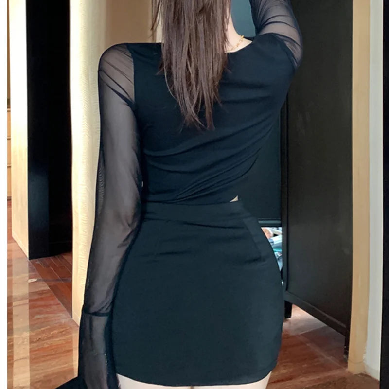 y2k Aesthetic Tops for Women Sexy Sheer See Through V Neck Long Sleeve Slit Hem Mesh T Shirt 2000s Clothing Streetwear