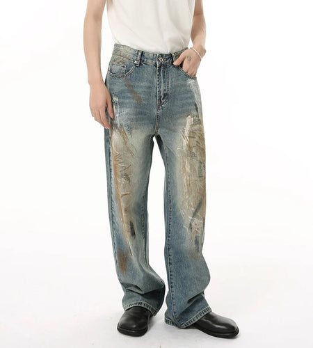 Men's Jeans New American Style High Street Graffiti Design Straight Wide Leg Trendy Distressed Male Denim Pants 9W1836