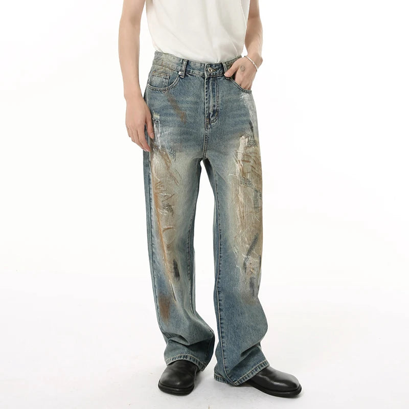 Men's Jeans New American Style High Street Graffiti Design Straight Wide Leg Trendy Distressed Male Denim Pants 9W1836