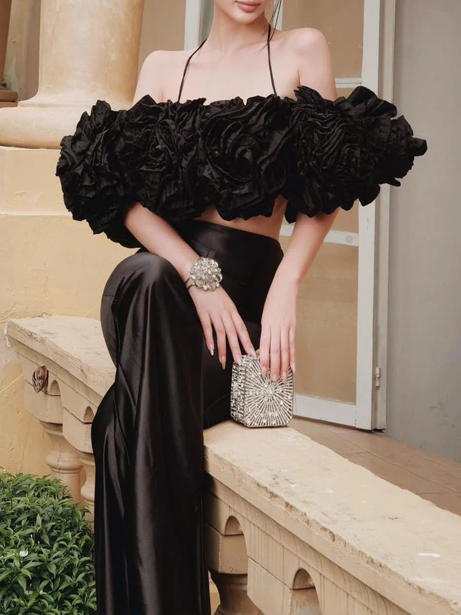 Solid Spliced 3D Flower Temperament Vests for Women Square Neck Off Shoulder Esxy Vest Female Fashion Clothing New