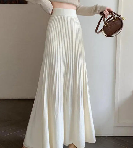 Autumn Winter Women's Black Elastic High Waist Skirt Korean Version Retro Beige Elegant Vacation Party Pleated A-line Long Skirt