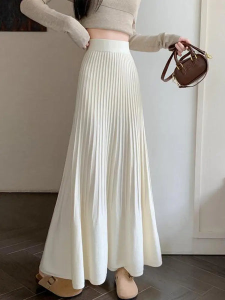 Autumn Winter Women's Black Elastic High Waist Skirt Korean Version Retro Beige Elegant Vacation Party Pleated A-line Long Skirt