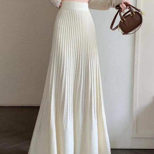 Load image into Gallery viewer, Autumn Winter Women&#39;s Black Elastic High Waist Skirt Korean Version Retro Beige Elegant Vacation Party Pleated A-line Long Skirt
