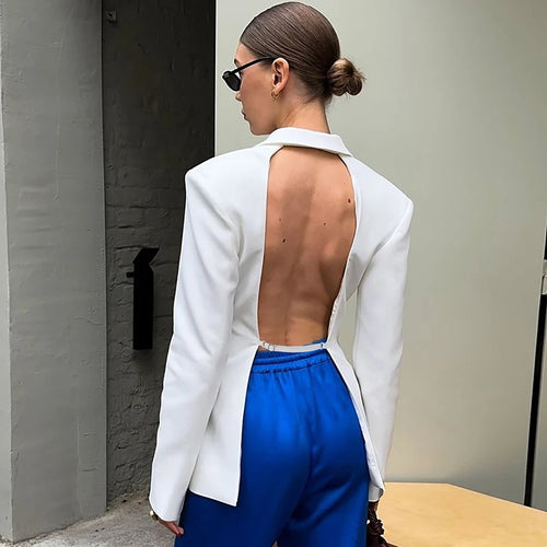 Load image into Gallery viewer, Autumn Long Sleeve Blazer Women Fashion Notched Collar Backless Pocket Suit Jacket Ladies Winter Elegant Blazers
