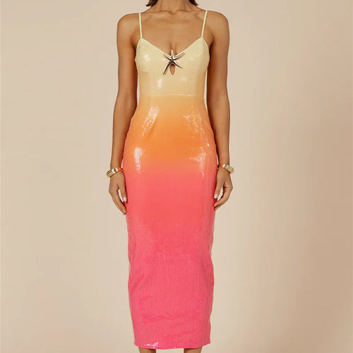 Load image into Gallery viewer, Sequins Spaghetti Strap Gradient Sexy Maxi Dress For Women Fashion Sleeveless Backless Split Sparkle Club Party Dress
