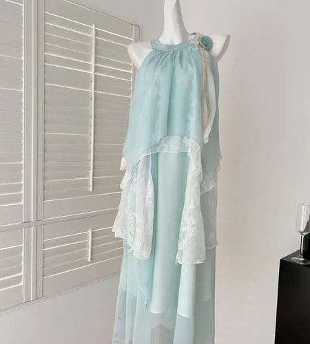 Summer French Vintage Blue Patchwork Lace Elegant Party Dress Women Round Neck Sleeveless Ruffle Edge Off Shoulder Pleated Dress