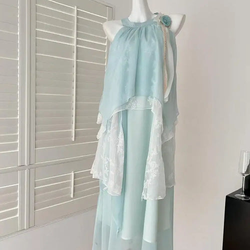 Load image into Gallery viewer, Summer French Vintage Blue Patchwork Lace Elegant Party Dress Women Round Neck Sleeveless Ruffle Edge Off Shoulder Pleated Dress
