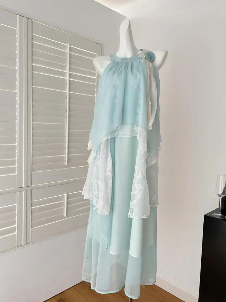 Summer French Vintage Blue Patchwork Lace Elegant Party Dress Women Round Neck Sleeveless Ruffle Edge Off Shoulder Pleated Dress