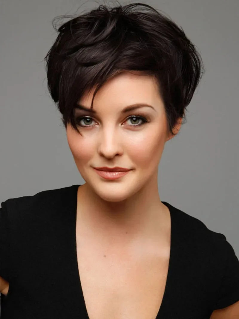 Synthetic Mommy Wigs for Women Short Hair Dark Brown Wig with Bangs Popular Hair Cuts Straight Female Pixie Cuts Natural Wigs