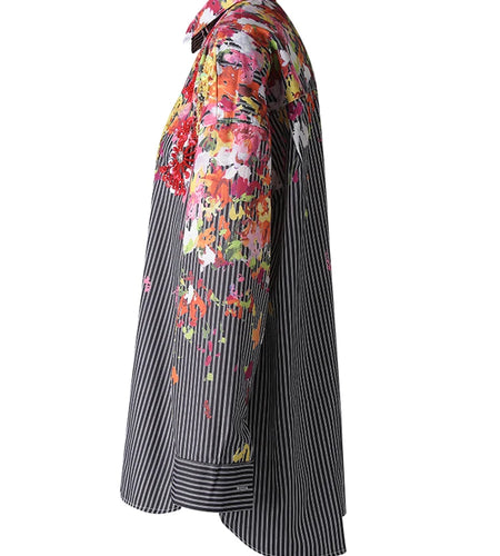 Women Black Striped Pattern Printed Big Size Blouse New Lapel Long Sleeve Shirt Fashion Tide Spring Autumn 2025 29L9965