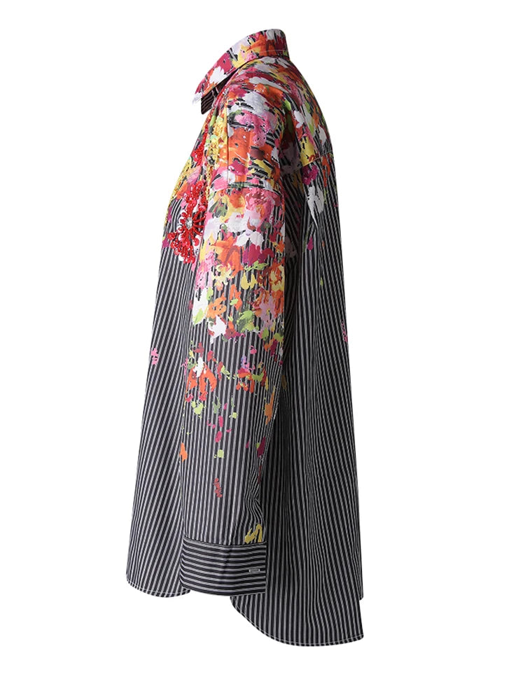 Women Black Striped Pattern Printed Big Size Blouse New Lapel Long Sleeve Shirt Fashion Tide Spring Autumn 2025 29L9965