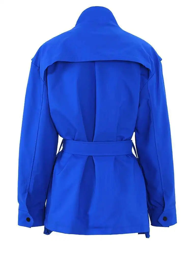 Women Beige Belted Big Size Trench New Stand Collar Long Sleeve Loose Windbreaker Fashion Tide Spring Autumn 2025 CPG0719