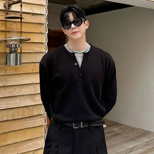 Load image into Gallery viewer, Winter Korean Crew Neck Knitted Fake Two Pieces Pullovers Men Casual Solid Color Button Fashion Goes Everything 9C9022
