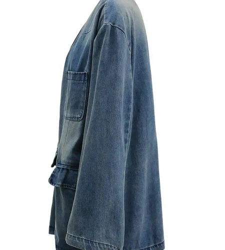 Blue Denim Vintage Big Size Pocket Jacket New V-neck Long Sleeve Women Coat Fashion Tide Spring Autumn 2025 CPG1579